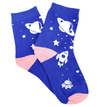 Blue Space Socks With Planets and Rocket Ship Socks (Adult Small - Shoe Sizes 2 - 5) from the Sock Panda