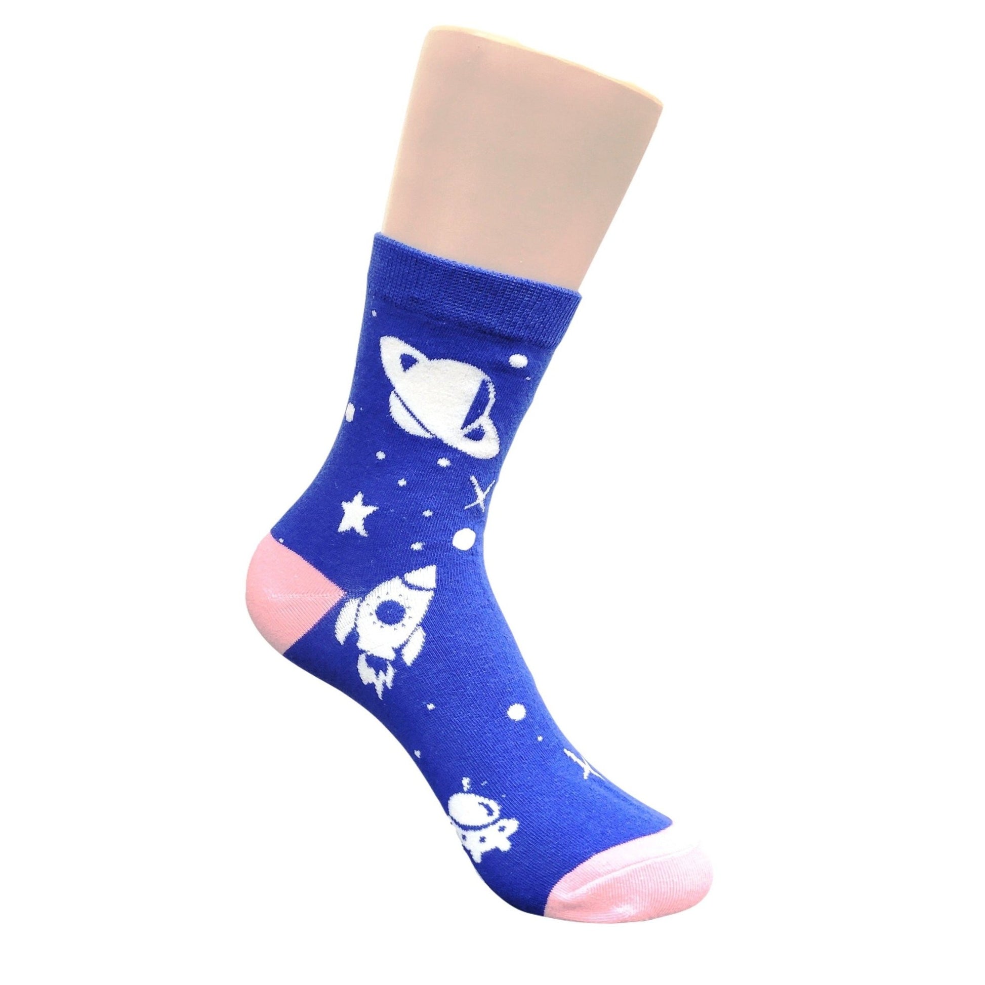 Blue Space Socks With Planets and Rocket Ship Socks (Adult Small - Shoe Sizes 2 - 5) from the Sock Panda