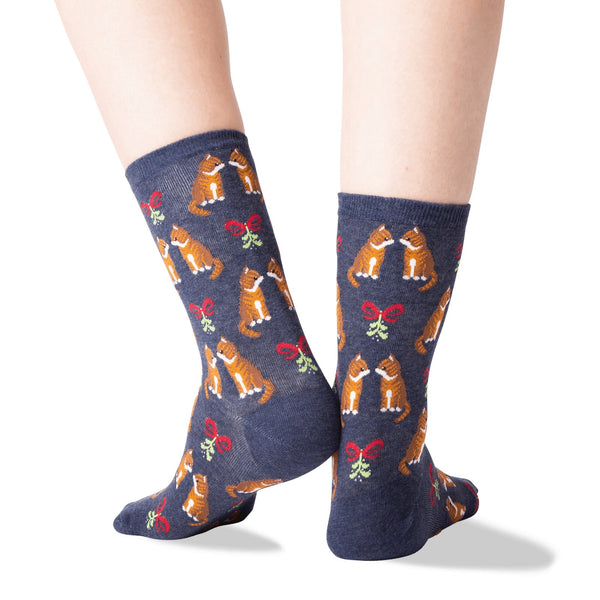 Mistletoe Cat Holiday Socks (Adult Medium)- Denim or Black