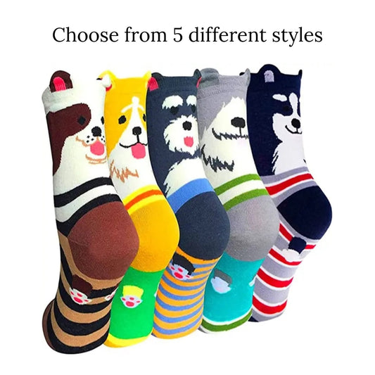 Cute Dog Patterned Crew Socks (Adult Medium - Women's Shoe Sizes 5 - 10)
