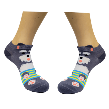 Dark Gray and White Puppy Dog Ankle Socks (Adult Medium - Women's Shoe Sizes 5 - 10)