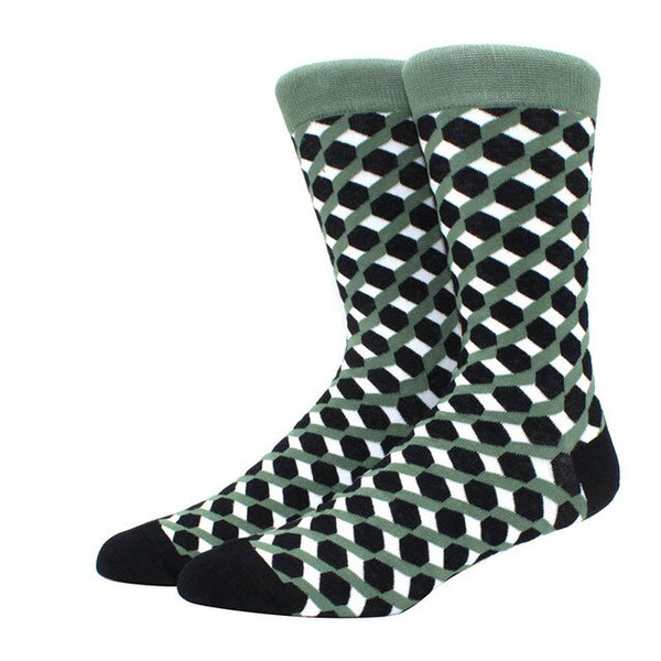 Olive Green, Black and White 3D Cubed Patterned Socks