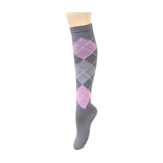 Gray and Pink Argyle Knee High (Compression Socks) GrPiArgylCompMd