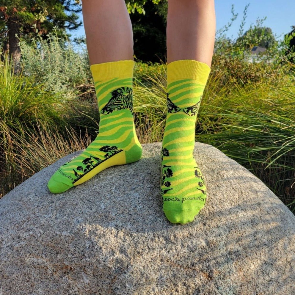 Green and Yellow Zebra Safari Socks from the Sock Panda (Adult Small - Shoe Sizes 2 - 5)