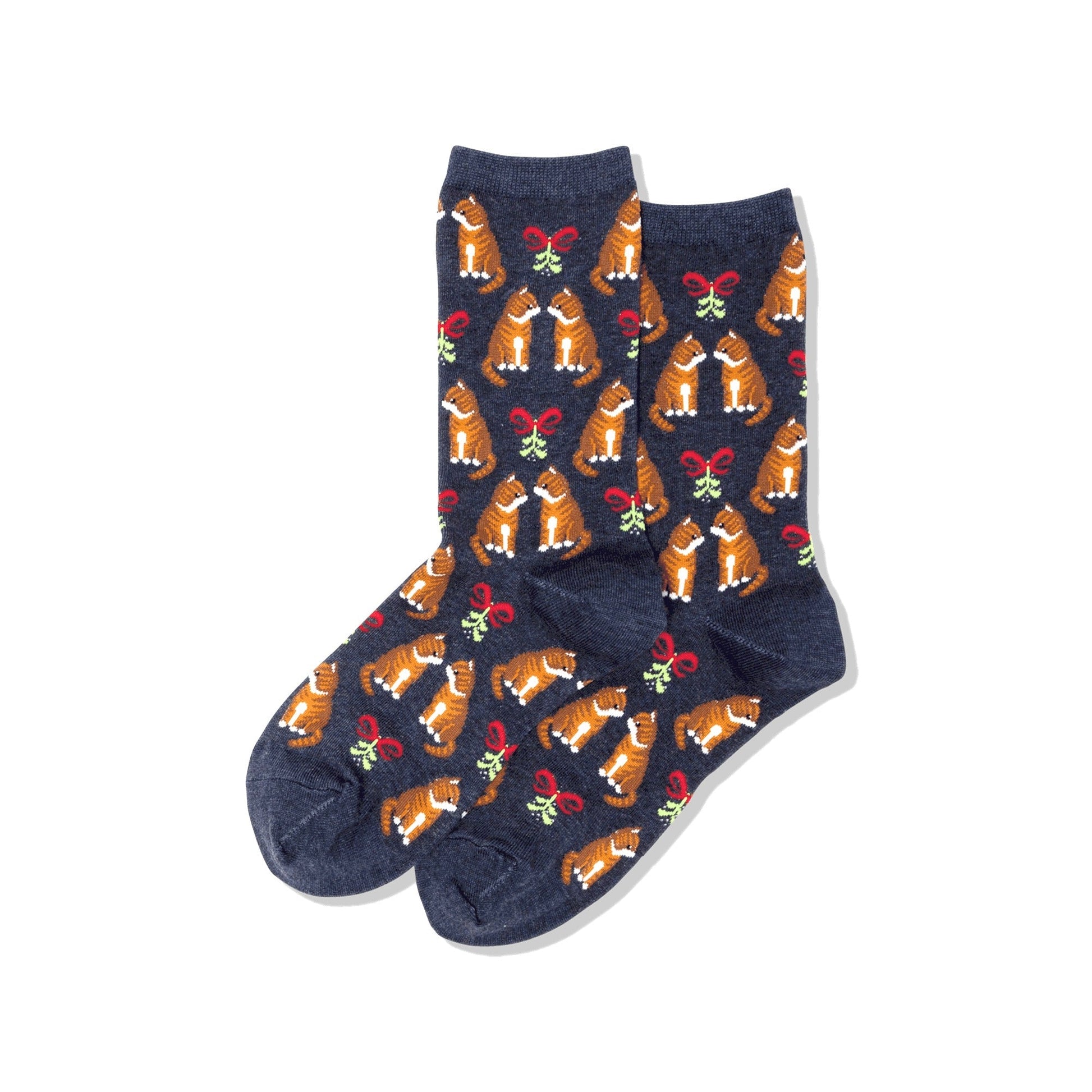 Mistletoe Cat Holiday Socks (Adult Medium - Women's Shoe Sizes 5 - 10) - Denim or Black