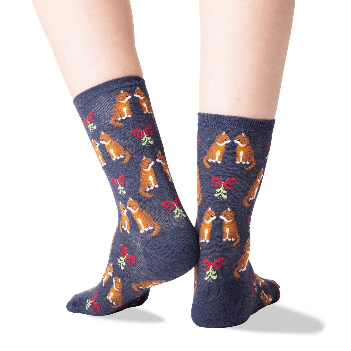 Mistletoe Cat Holiday Socks (Adult Medium - Women's Shoe Sizes 5 - 10) - Denim or Black