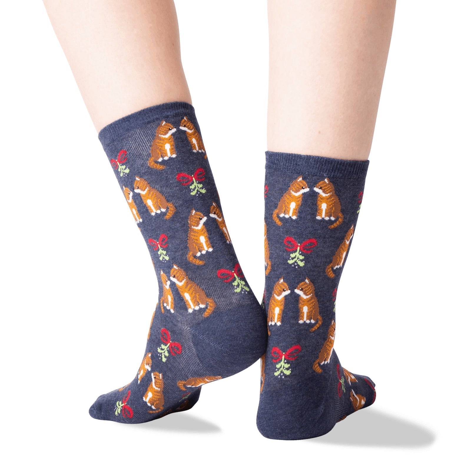 Mistletoe Cat Holiday Socks (Adult Medium - Women's Shoe Sizes 5 - 10) - Denim or Black