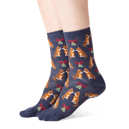 Mistletoe Cat Holiday Socks (Adult Medium - Women's Shoe Sizes 5 - 10) - Denim or Black
