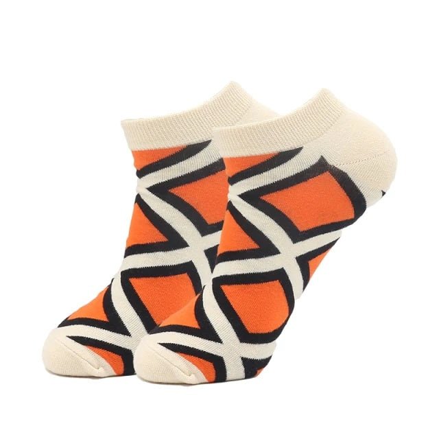 Orange, Black and White Geometric Pattern Ankle Socks (Adult Large - Men's Shoe Sizes 8 - 12)