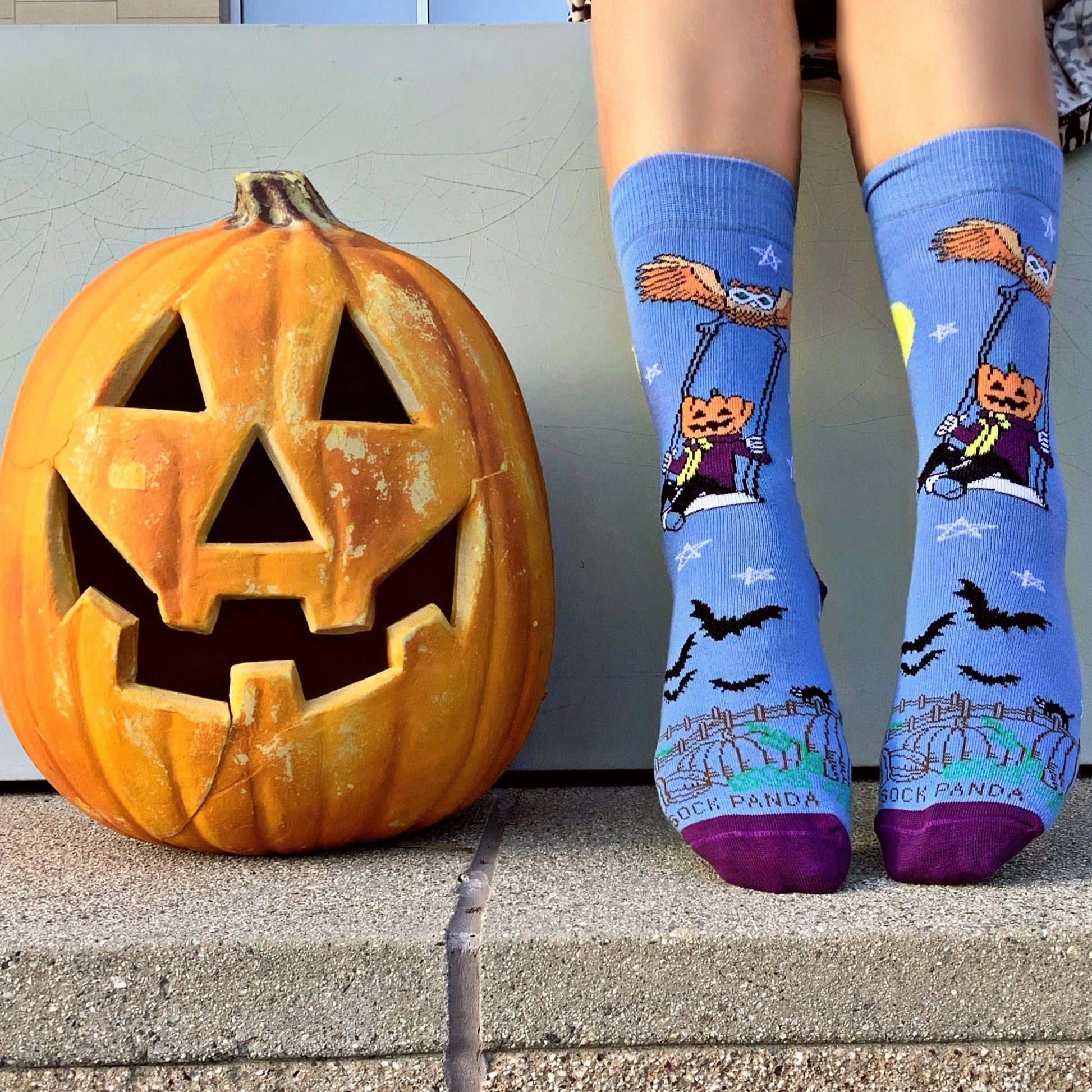 Pumpkin Head Swinging with an Owl by the Moon Socks (Adult Small - Shoe Sizes 2 - 5)