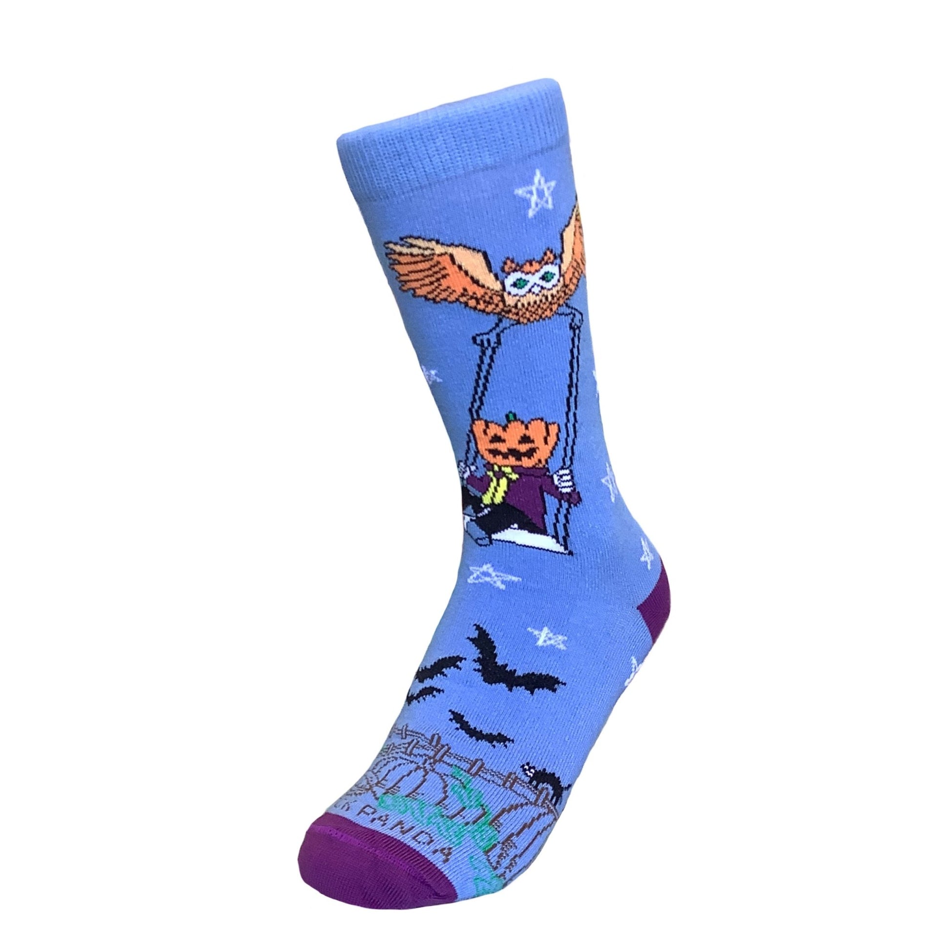 Pumpkin Head Swinging with an Owl by the Moon Socks (Adult Small - Shoe Sizes 2 - 5)