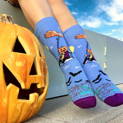 Pumpkin Head Swinging with an Owl by the Moon Socks (Adult Small - Shoe Sizes 2 - 5)