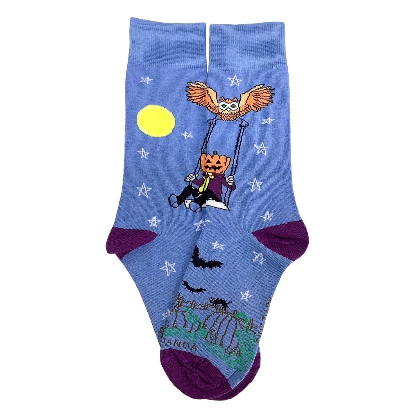 Pumpkin Head Swinging with an Owl by the Moon Socks (Adult Small - Shoe Sizes 2 - 5)