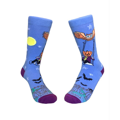 Pumpkin Head Swinging with an Owl by the Moon Socks (Adult Small - Shoe Sizes 2 - 5)