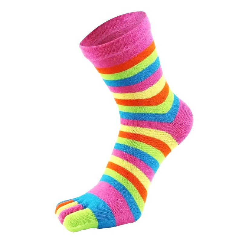 Rainbow Striped Pattern Toe Socks (Adult Medium - Women's Shoe Sizes 5 - 10) - Pink Accent