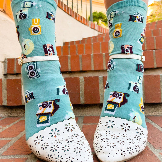 Say Cheese Women;s Crew Camera Socks (Adult Medium - Women's Shoe Sizes 5 - 10)