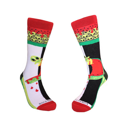 Skater Alien on a Half Pike Watermelon Socks (Adult Large - Men's Shoe Sizes 8 - 12)
