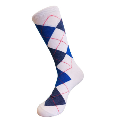 Stylish White Blue and Red Argyle Socks (Adult Large)