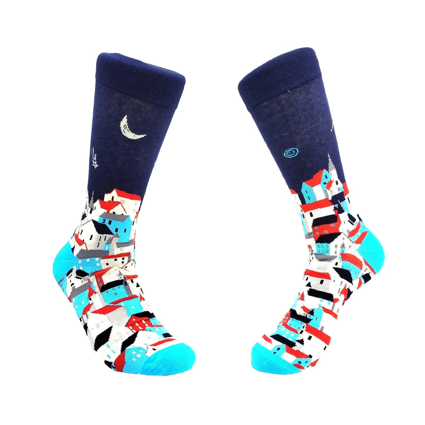Summer Night and Crescent Moon Over A Seaside Town Socks from the Sock Panda