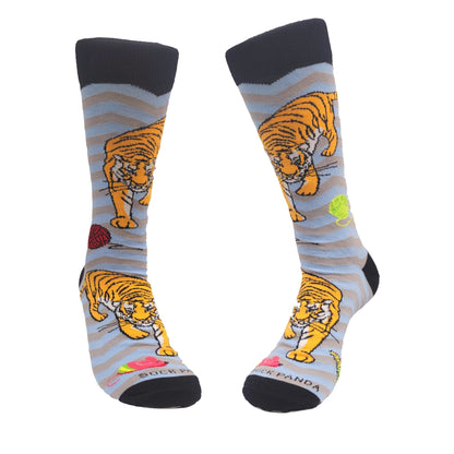 Tiger Playing with Toys Socks from the Sock Panda (Adult Large - Men's Shoe Sizes 8 - 12)
