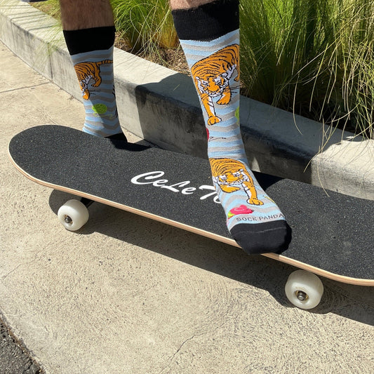 Tiger Playing with Toys Socks from the Sock Panda (Adult Large - Men's Shoe Sizes 8 - 12)