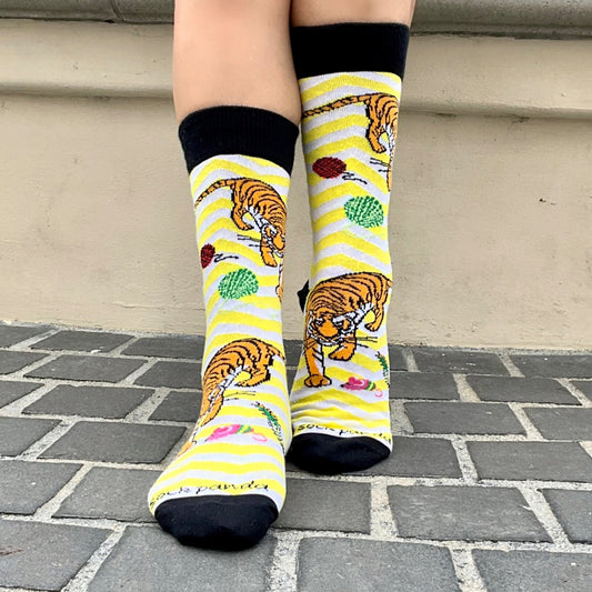 Tiger Playing with Toys Socks from the Sock Panda (Adult Medium - Women's Shoe Sizes 5 - 10)