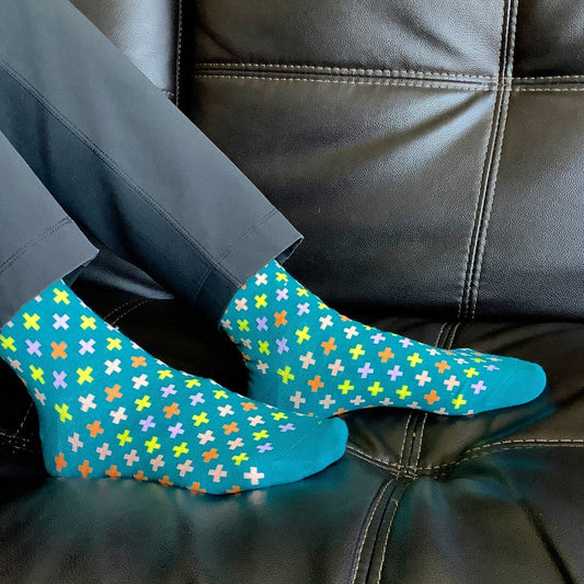 Turquoise with Colorful Plus Pattern Socks from the Sock Panda
